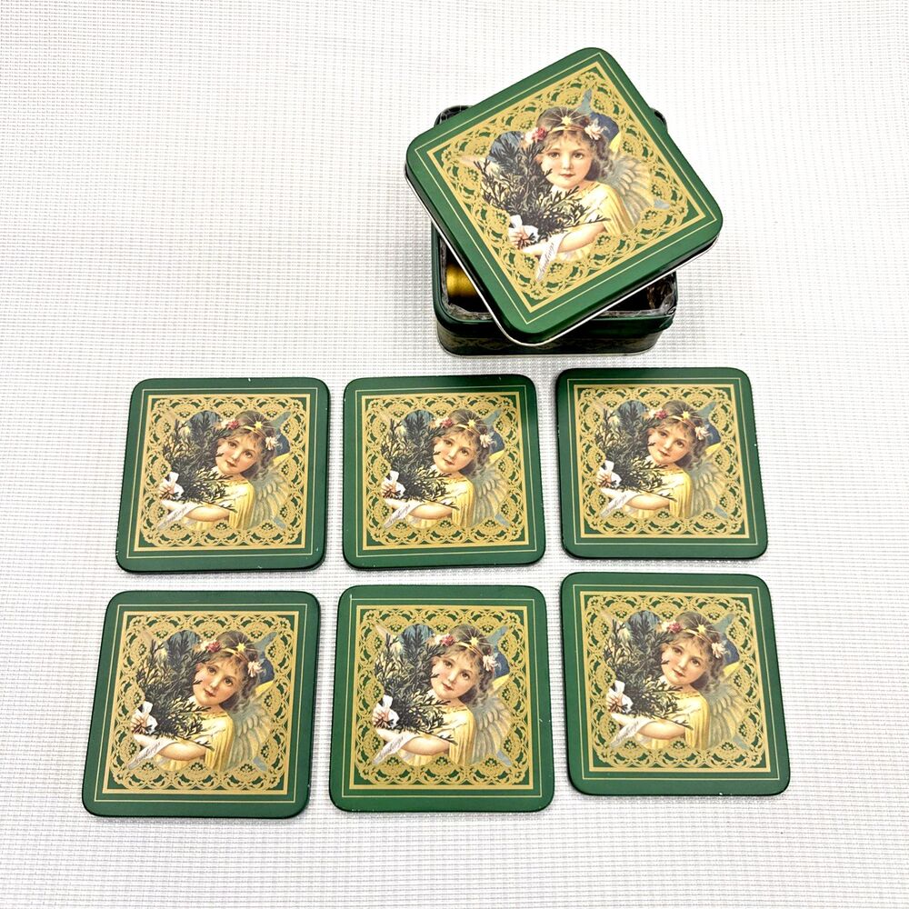 Vintage Christmas Angel Enesco Coasters in Tin Box Cork Back Victorian Set of 6